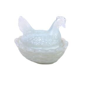 Vintage Vallerysthal French Opalescent Milk Glass Mini Hen on Nest Salt Cellar